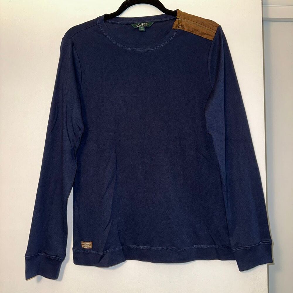 Ralph Lauren Women’s XL Long Sleeve Crew Shirt Navy Blue Brown Suede Detail EUC